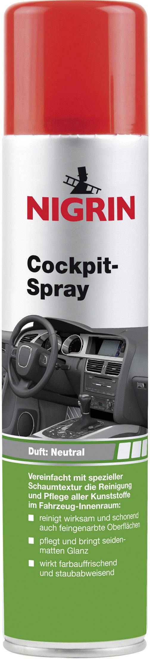 Bombe aérosol rouge portant l'inscription 'Nigrin Cockpit-Spray'. Illustration d'un intérieur de voiture. Le texte décrit l'utilisation pour l'entretien des surfaces en plastique.