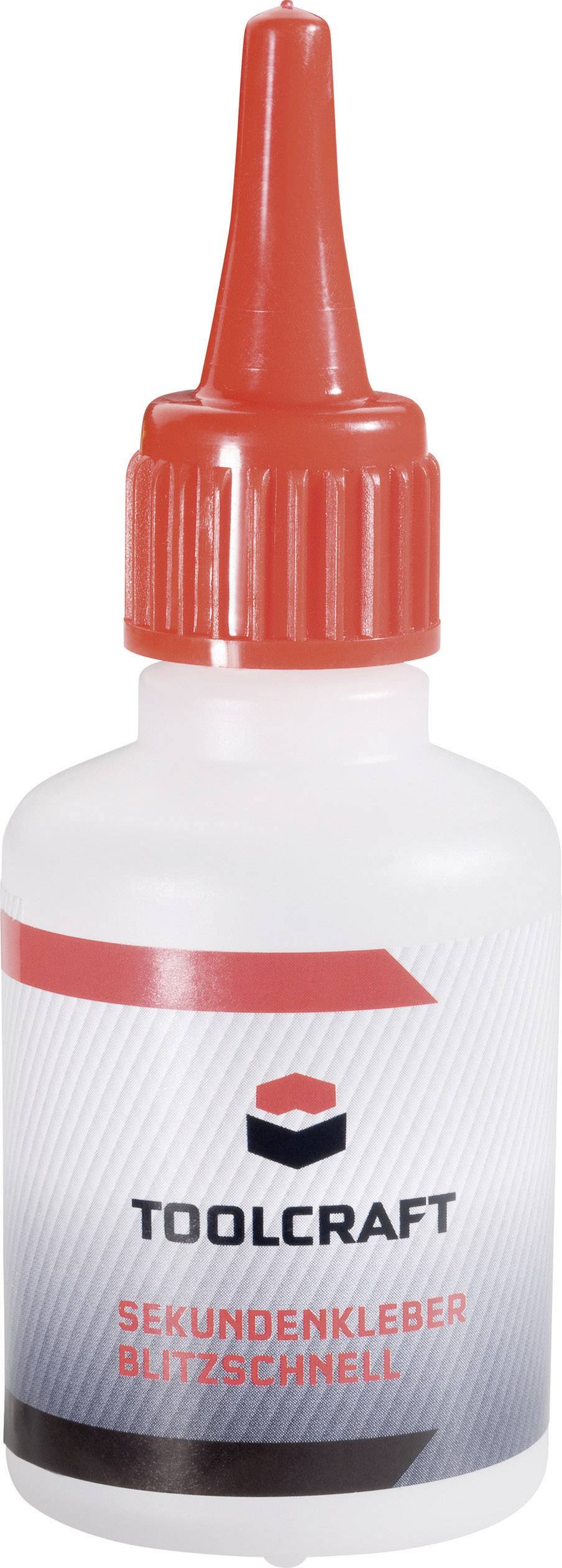 Un tube avec un capuchon rouge portant l'inscription 'Colle instantanée, Ultra-rapide' de TOOLCRAFT.