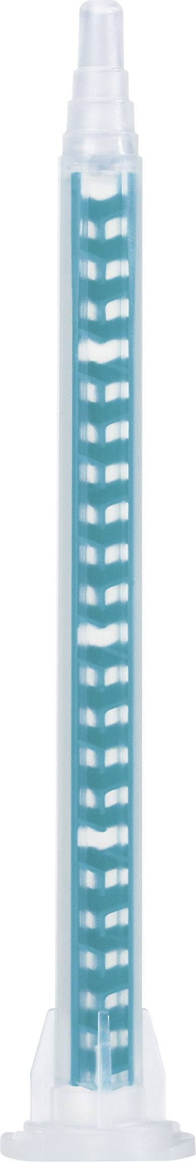 Un adaptateur transparent avec un intérieur spiralé bleu et blanc, utilisé pour mélanger uniformément des liquides.