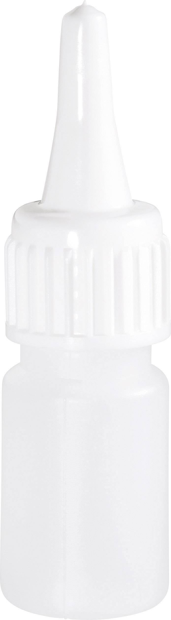 Petite bouteille en plastique blanc avec un bouchon à vis et un embout long et étroit permettant un dosage précis des liquides.