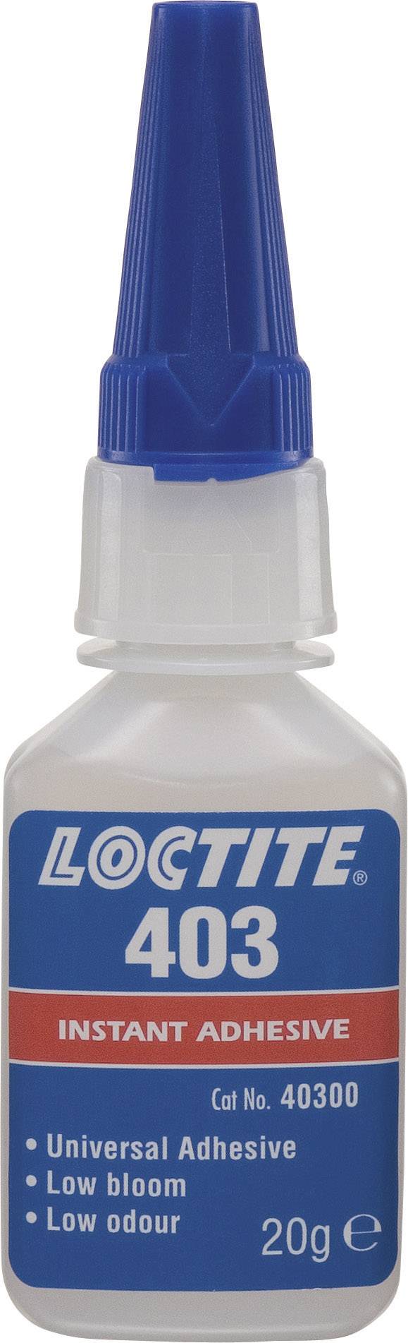 Bouteille de colle instantanée, marque 'Loctite 403', contenant 20g. Caractéristiques : colle universelle, faible efflorescence, faible odeur.