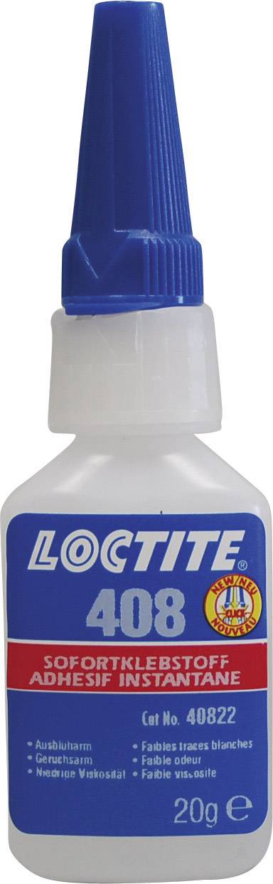 Bouteille de colle instantanée 'Loctite 408', 20g. Avec couvercle bleu et étiquette rouge. Utilisée pour des collages rapides sur différents matériaux.