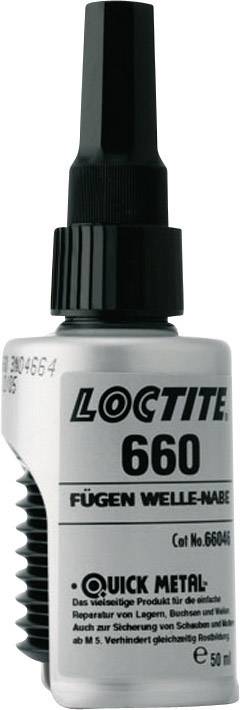 'Loctite 660 Assemblage Arbre-Moyeu', un flacon de 50 ml avec embout. Texte : 'Quick Metal - Réparation de roulements, de bagues et de boîtiers.'