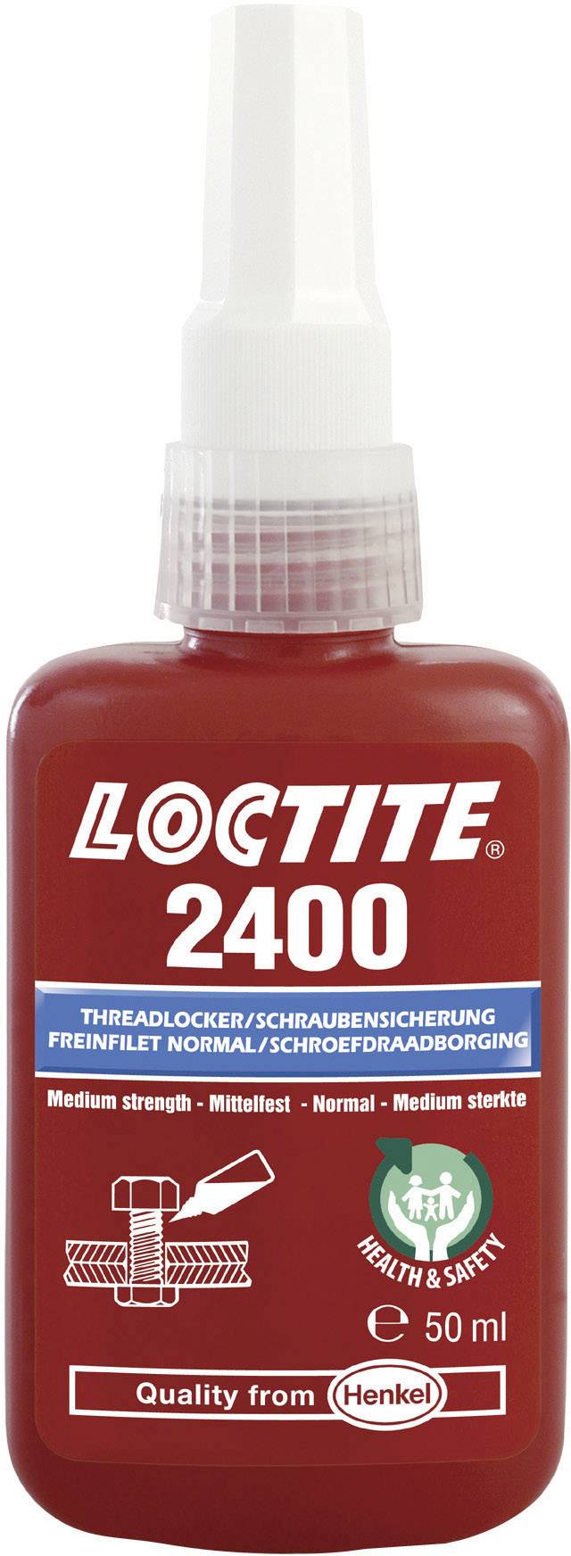 Frein-filet Loctite 2400, bouteille de 50 ml. Adapté pour une résistance moyenne. L'étiquette indique les informations de sécurité et d'utilisation.