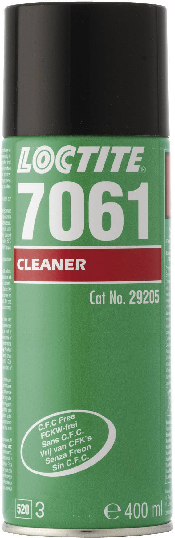 Bombe aérosol verte Loctite 7061 Nettoyant, 400 ml, avec mention 'Exempt de C.F.C'.