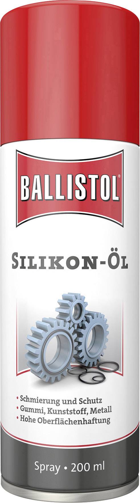 Bombe de spray Ballistol Huile de Silicone, 200 ml, boîte rouge et blanche. Adapté pour la lubrification et la protection du caoutchouc, du plastique et du métal. Contient un graphique d'engrenage bleu.
