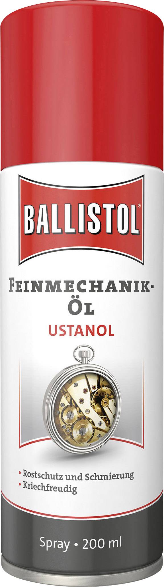 Une bombe aérosol rouge et blanche portant l'inscription 'BALLISTOL Huile de précision Ustanol'. Convient pour la protection contre la rouille et la lubrification.