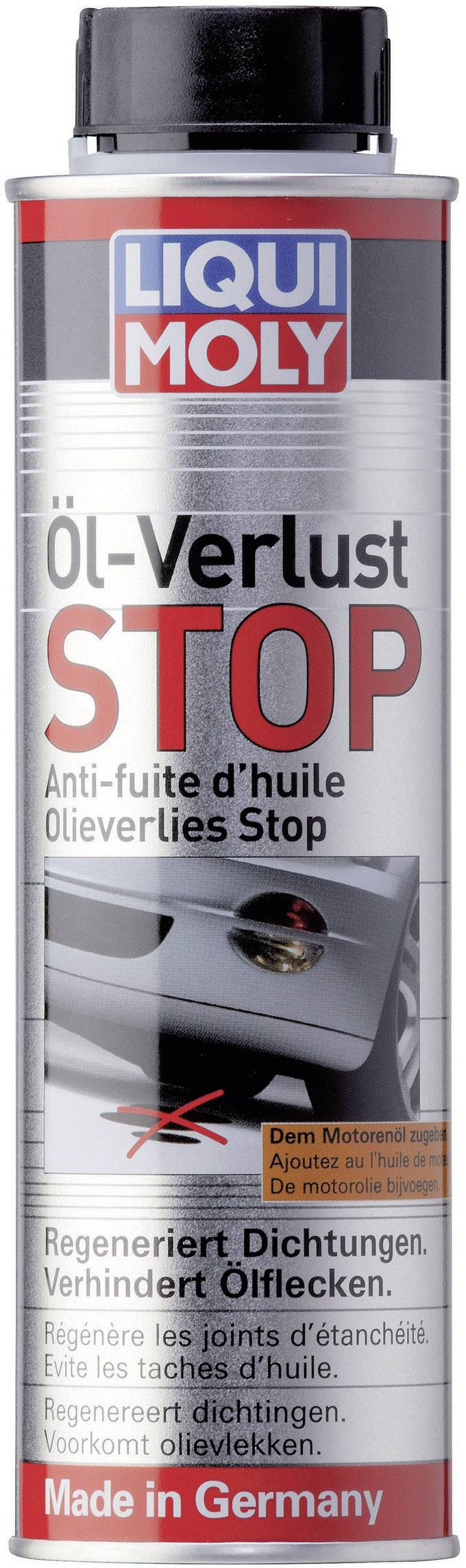 Boîte grise avec texte rouge 'Arrêt de perte d'huile'. Favorise la régénération des joints, prévient la perte d'huile. Fabriqué en Allemagne.