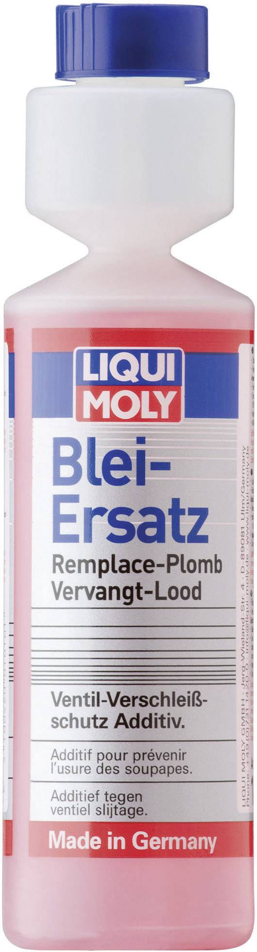 Bouteille 'LIQUI MOLY Remplacement du Plomb' avec inscription multilingue : 'Additif de Protection contre l'Usure des Soupapes'. Mention 'Fabriqué en Allemagne'.