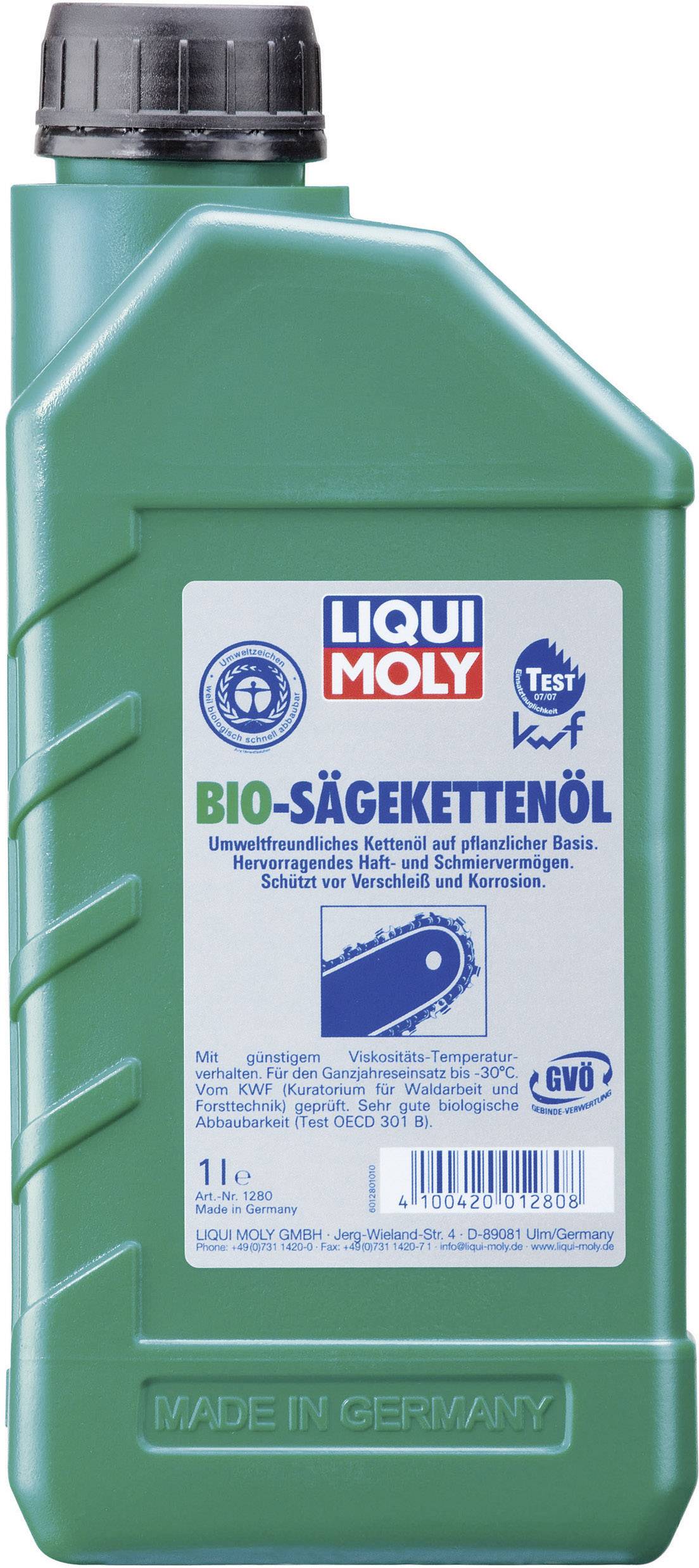 Bouteille verte avec étiquette 'LIQUI MOLY Huile de chaîne de tronçonneuse Bio'. Écologique, à base végétale, protège contre l'usure et la corrosion.