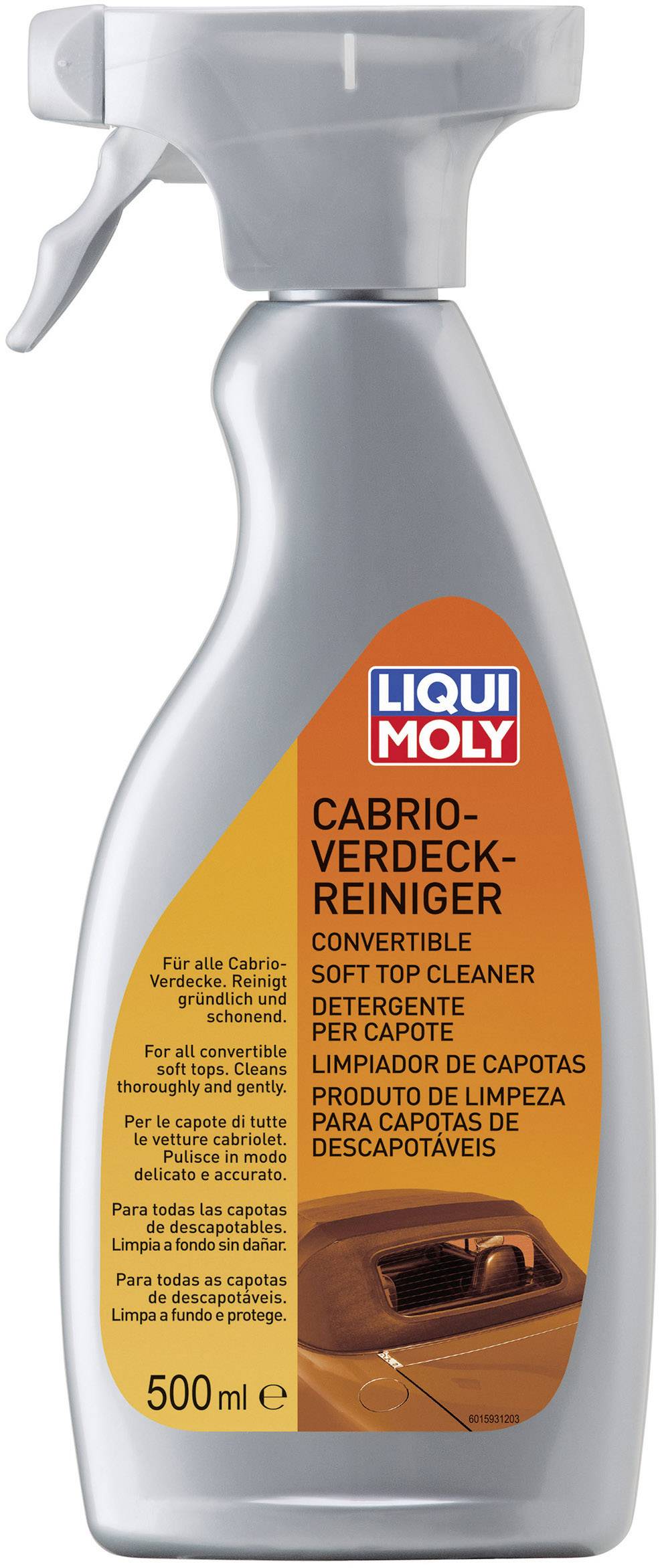 Flacon pulvérisateur de 'Liqui Moly Nettoyant pour Capote de Cabriolet', 500 ml. Destiné au nettoyage des capotes de cabriolets, décrit en plusieurs langues.