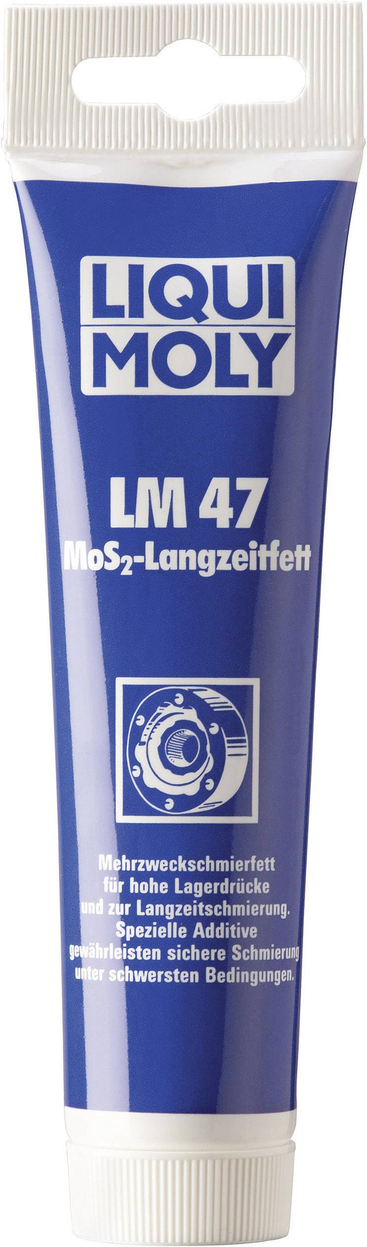 Contenant tubulaire bleu avec l'inscription blanche 'LIQUI MOLY LM 47 Graisse longue durée au MoS2', spécifié pour la lubrification multifonction et de longue durée.