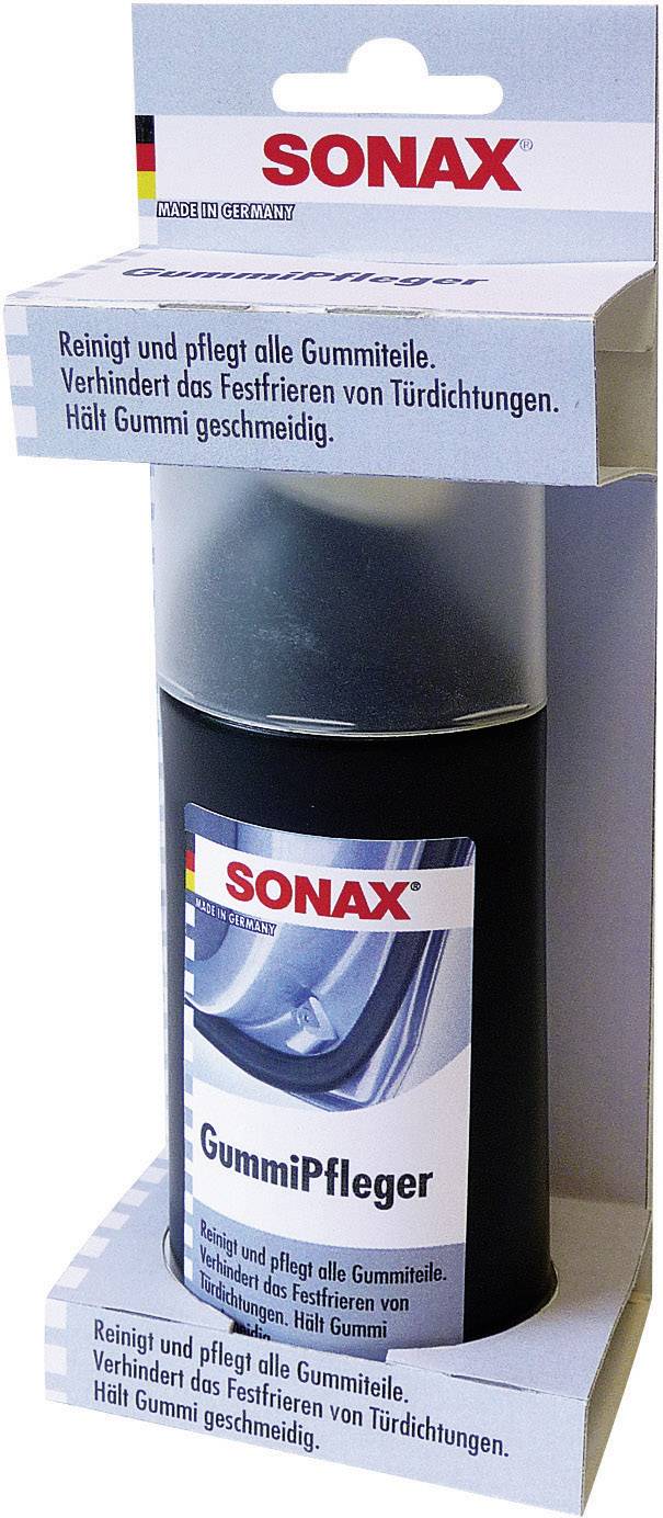 Boîte de Sonax Soin du Caoutchouc pour les pièces en caoutchouc, empêche le gel et maintient la souplesse, dans un emballage avec des textes en allemand.