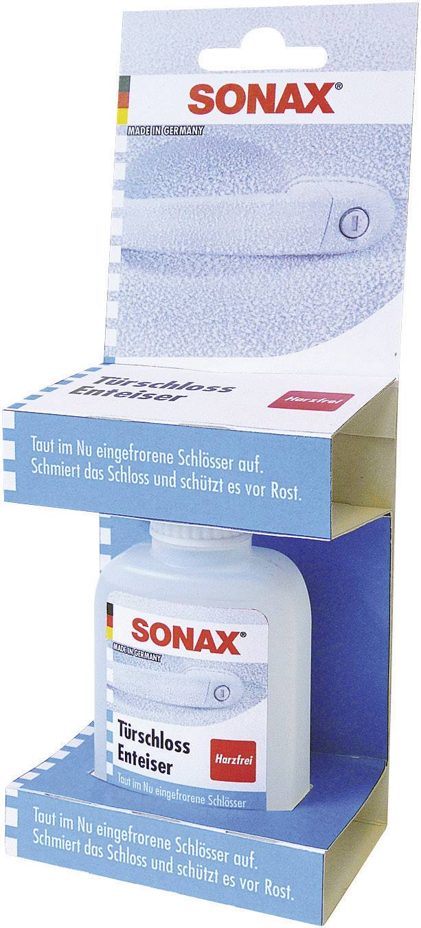 Emballage d'un dégivreur de serrure de la marque Sonax. Présente une petite bouteille contenant un liquide bleu conçu pour faire fondre la glace dans les serrures.