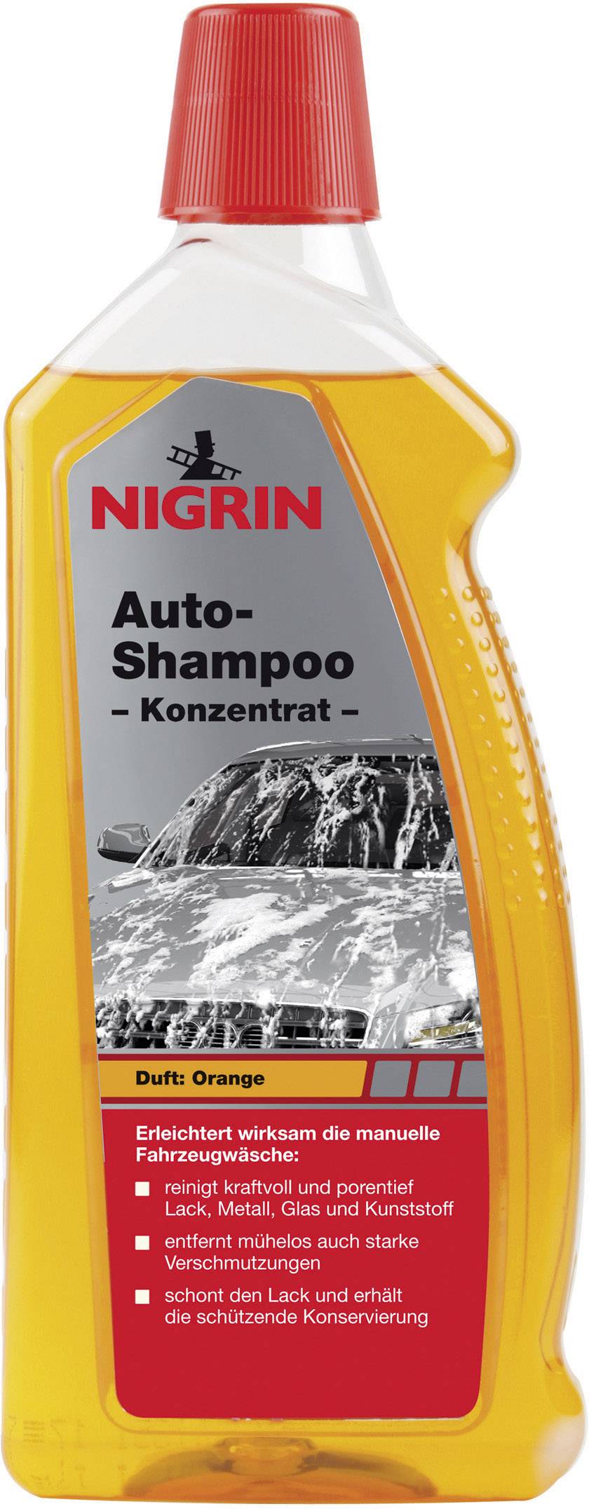 Shampoing concentré parfumé à l'orange de Nigrin, nettoie différentes surfaces, préserve la peinture et maintient l'effet protecteur de la cire.