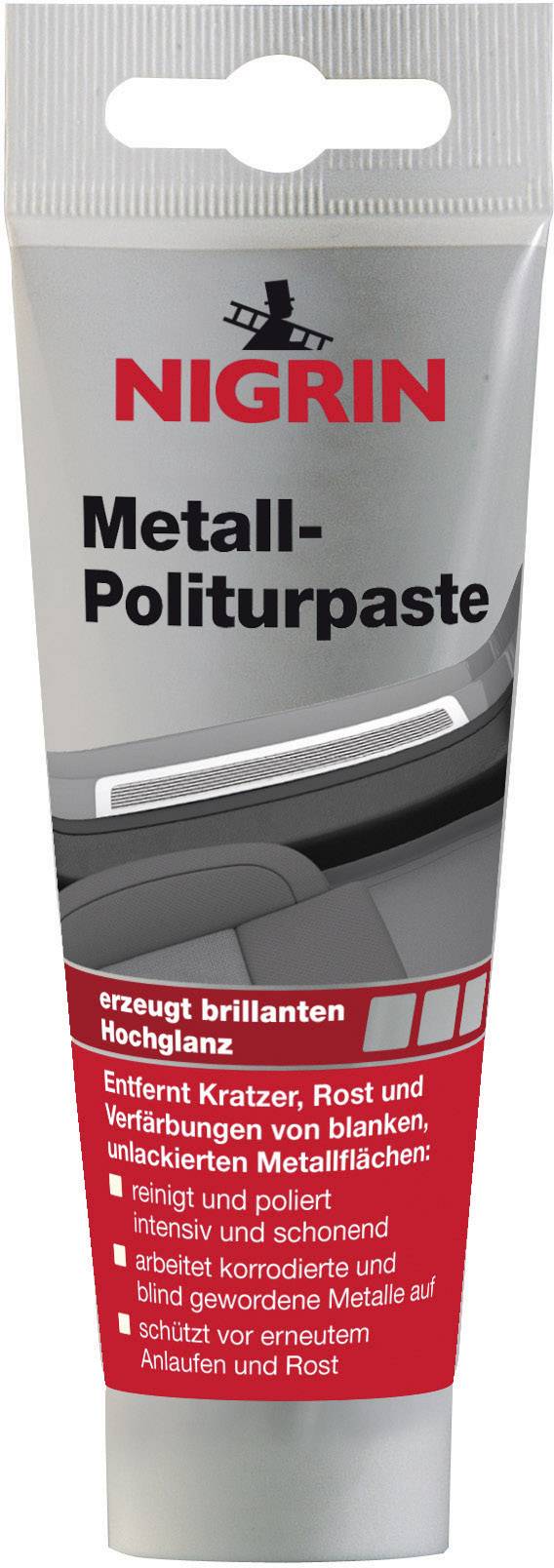 Un tube de pâte à polir les métaux de la marque Nigrin. Élimine les rayures et la rouille des surfaces métalliques, et leur confère un brillant éclatant.