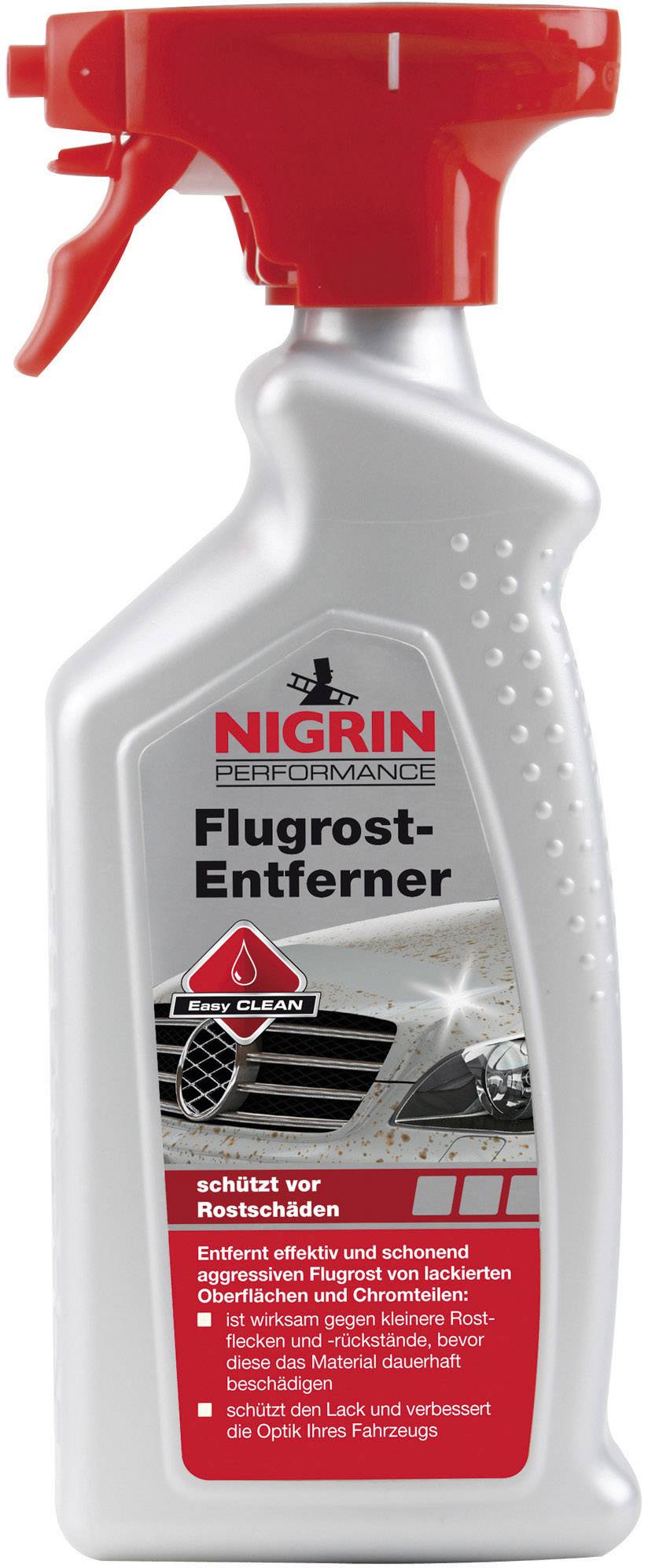 Vaporisateur de 'Dissolvant de rouille en vol' de Nigrin. Élimine la rouille et protège contre les dommages. Adapté à la peinture automobile et aux jantes.