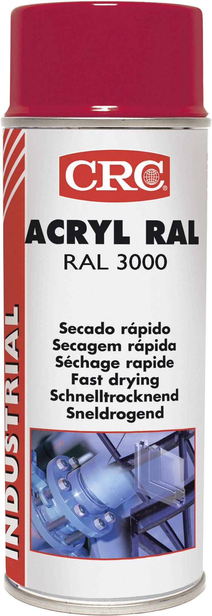 Une bombe aérosol avec un capuchon rouge, étiquetée 'CRC Acryl RAL 3000', fait la promotion de propriétés de séchage rapide dans plusieurs langues.
