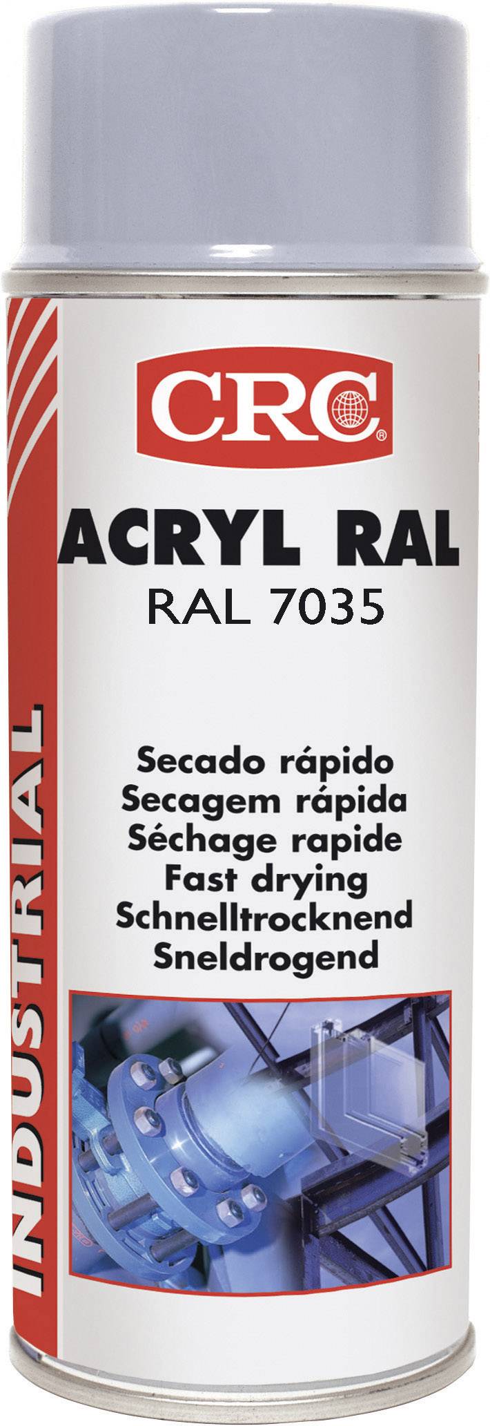 Bombe aérosol avec l'inscription 'ACRYL RAL 7035 Séchage rapide'. Contient une représentation de couleur et du texte en plusieurs langues.