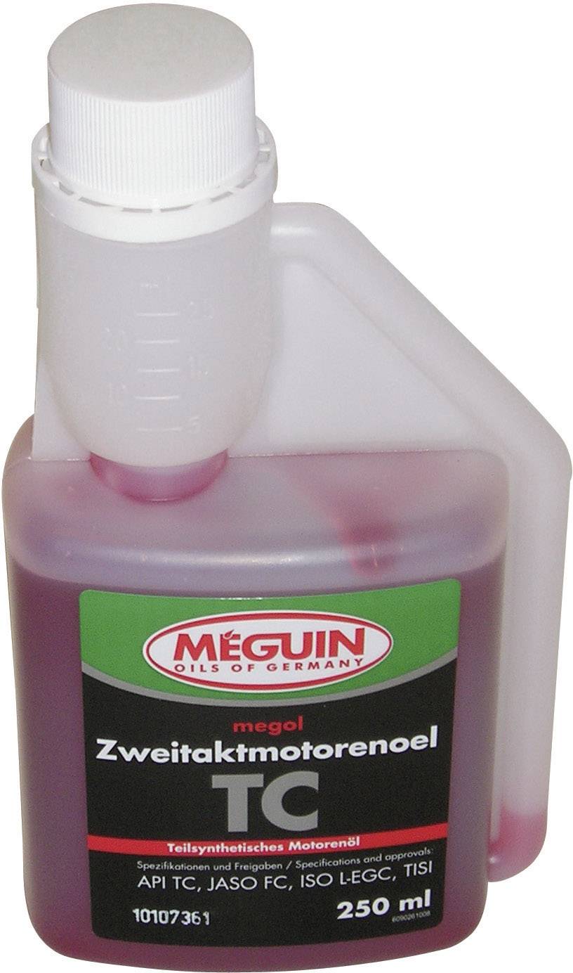Bouteille transparente de 250 ml d'huile pour moteurs deux-temps 'Mégol TC', semi-synthétique pour motocycles. Certifié TISI.