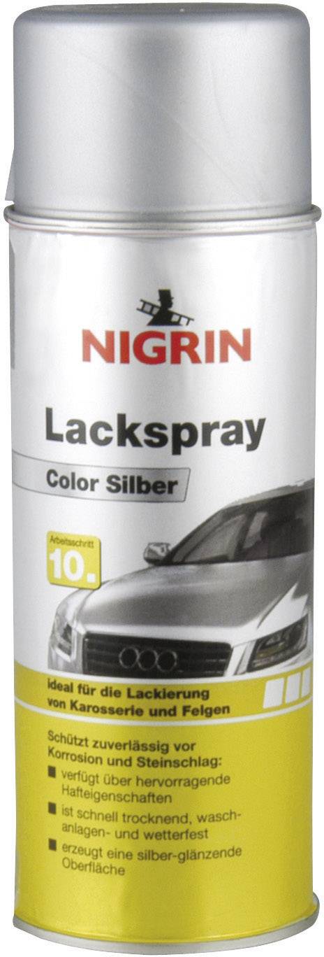 Bombe de peinture de marque 'Nigrin', couleur argent, avec illustration de voiture. Adapté pour la protection contre la corrosion et les surfaces brillantes.