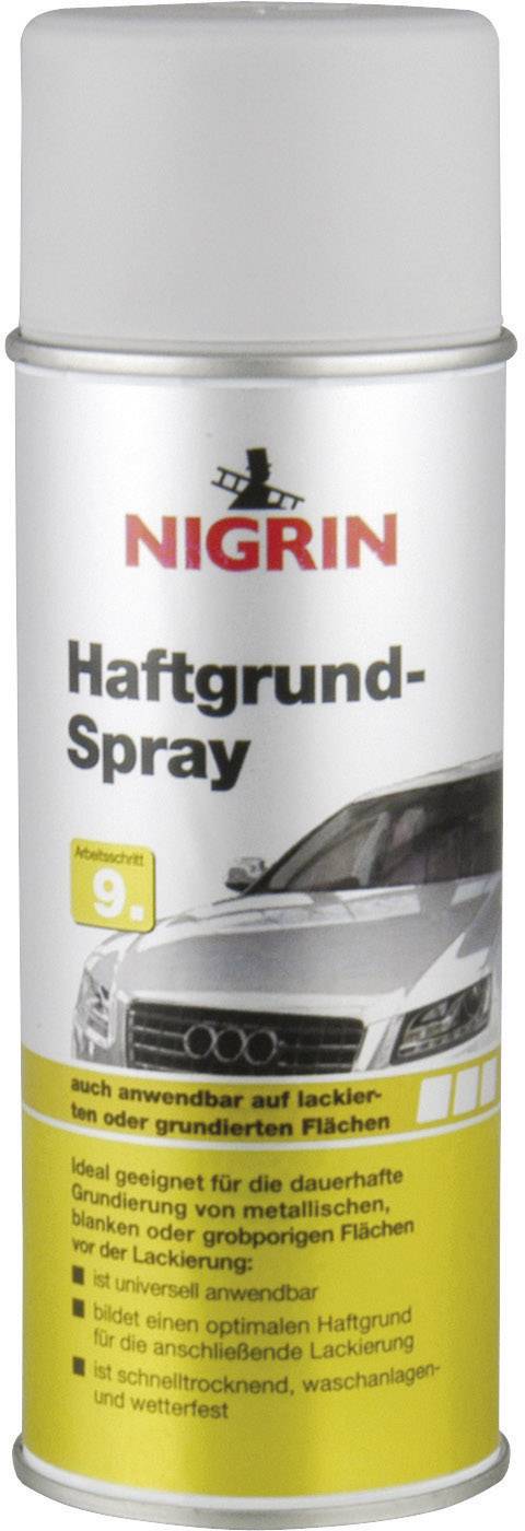 Bombe aérosol portant l'inscription 'Nigrin Spray Primaire d'Accrochage'. Adapté aux surfaces peintes et non peintes. Image d'une voiture blanche.