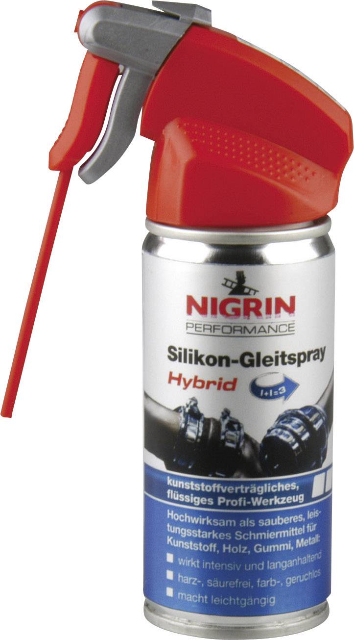 Un aérosol avec un capuchon de pulvérisation rouge, étiqueté 'NIGRIN Spray Lubrifiant Silicone Hybride'. Adapté pour le plastique, le bois, le caoutchouc et le métal.