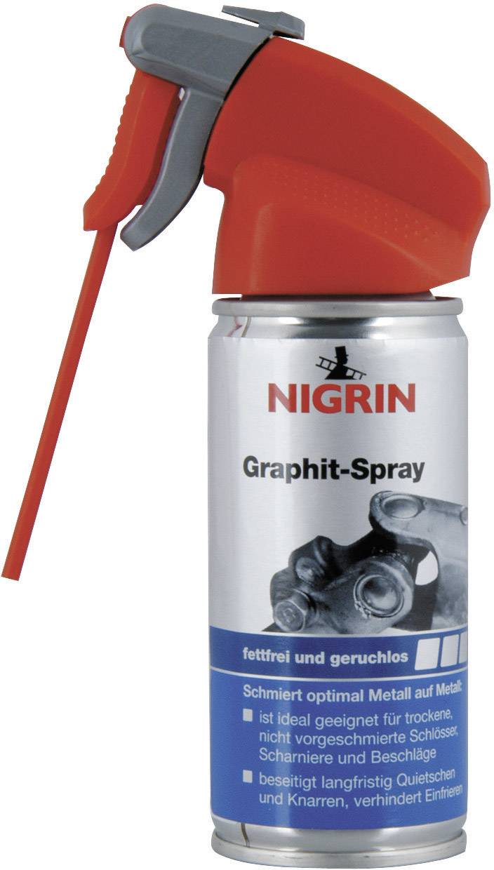 Spray graphité Nigrin avec tête de pulvérisation rouge, adapté aux serrures et charnières sèches et non prévues à cet effet, empêche les grincements.