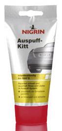 'Nigrin Auspuff-Kitt', Mastic de réparation pour systèmes d'échappement. L'image montre un tube au design gris et rouge avec une voiture en arrière-plan.