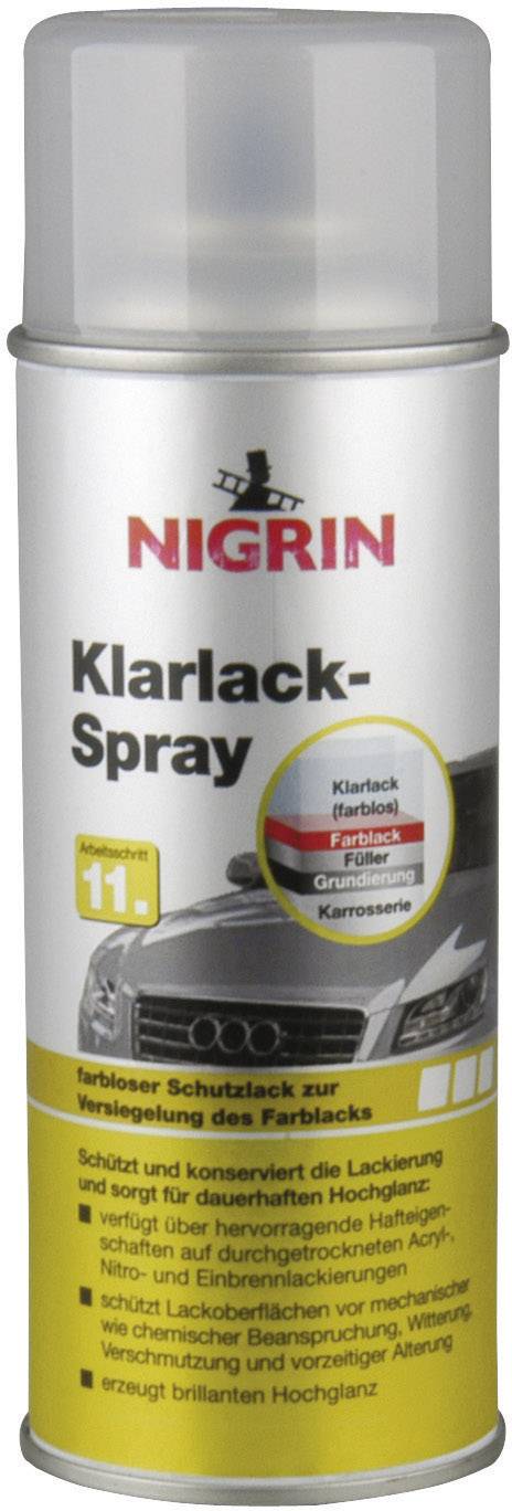 Nigrin Vernis Transparent en Spray : Laque de protection pour automobiles permettant de sceller les peintures. Convient à différentes couleurs et matériaux.
