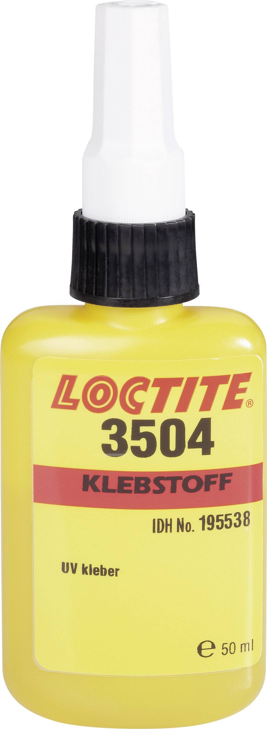 Bouteille jaune avec impression rouge 'LOCTITE 3504 COLLE', 50 ml, colle UV, capuchon de fermeture noir.