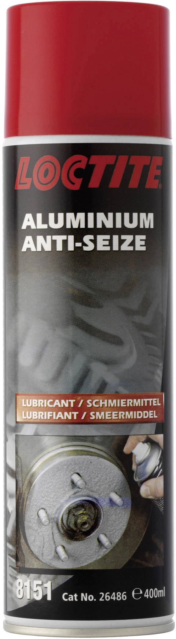 Bombe aérosol 'Loctite Aluminium Anti-Seize', 400 ml. Contient un lubrifiant pour protéger contre le grippage. Image du produit sur l'emballage.