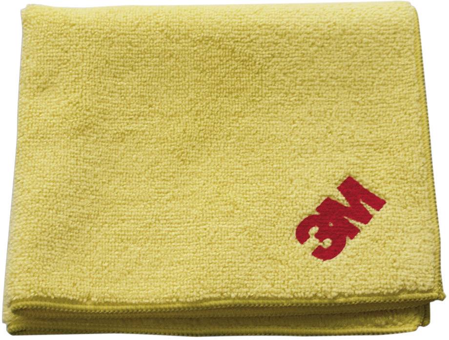 Chiffon en microfibre jaune avec le logo '3M' rouge dans le coin, utilisé pour nettoyer ou polir.
