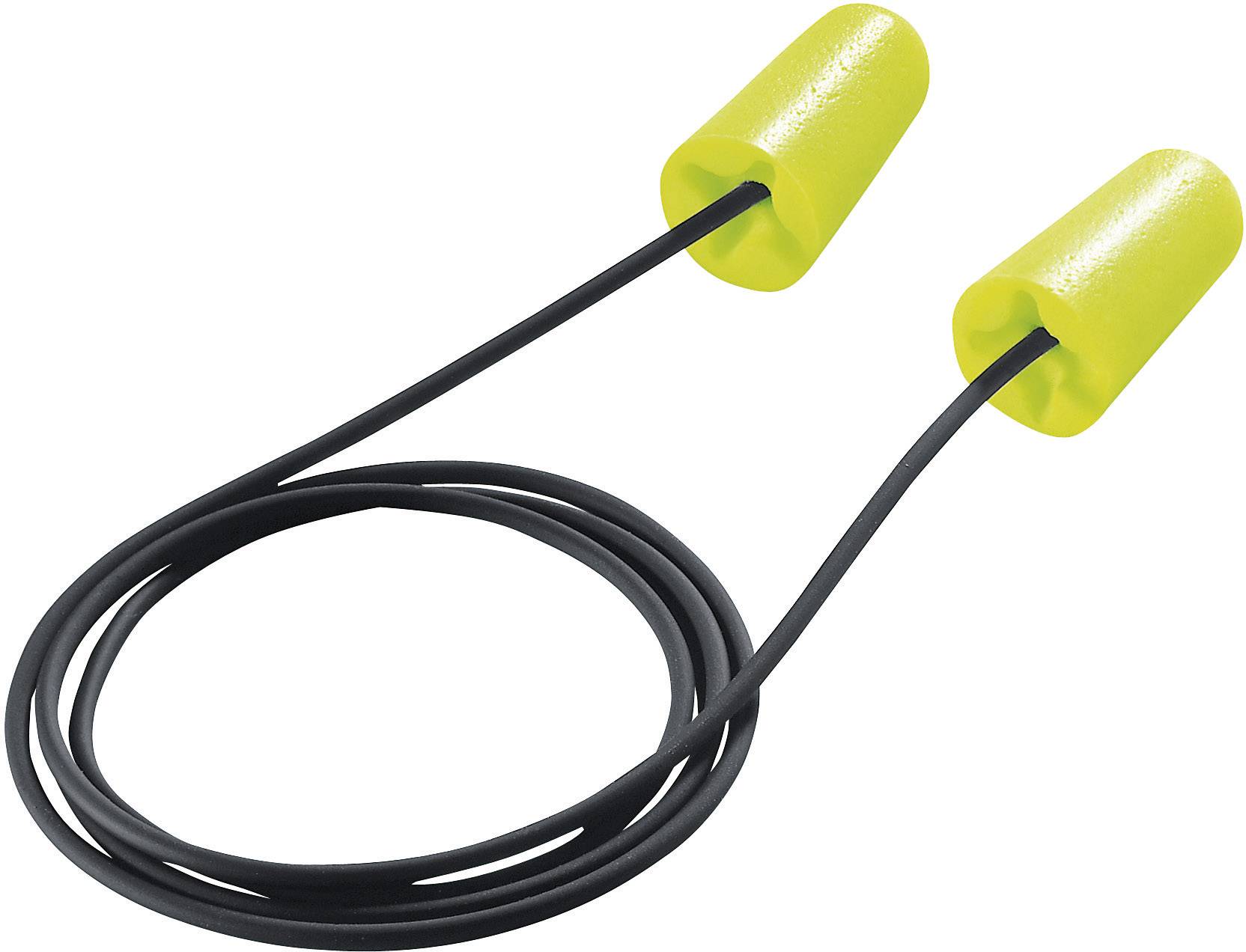 Une paire de bouchons d'oreilles jaunes avec un câble de connexion noir, adaptés pour se protéger du bruit dans des environnements bruyants.