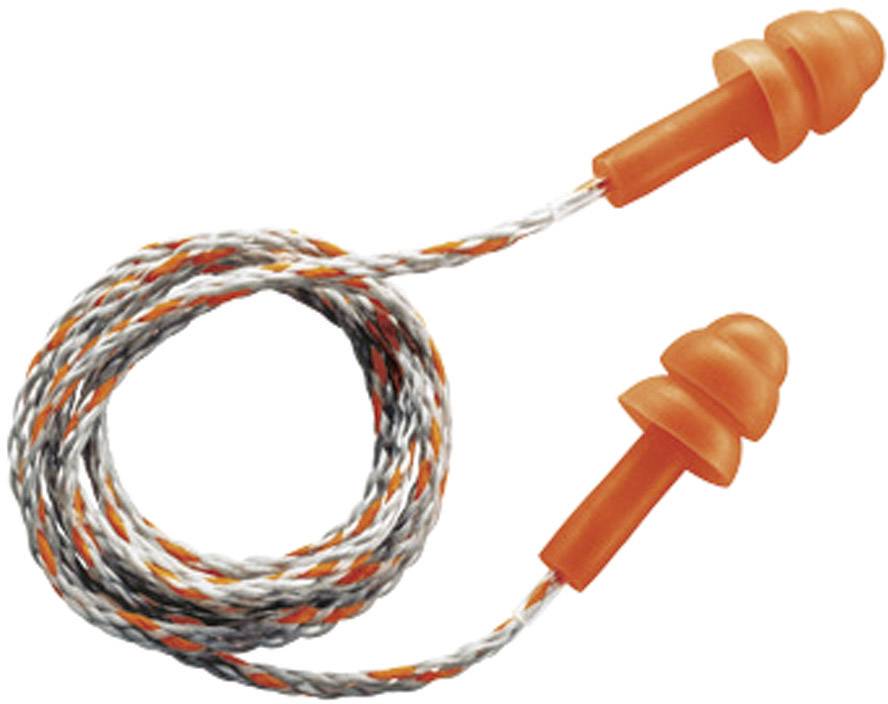 Bouchons d'oreille orange avec cordon tressé gris et orange, adaptés à la protection contre le bruit.
