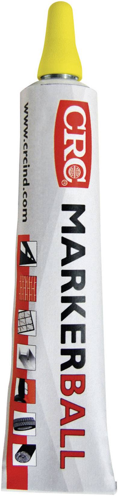 Un tube avec un embout jaune portant l'inscription 'CRC Markerball'. Adapté pour le métal, le béton, le bois et autres matériaux.