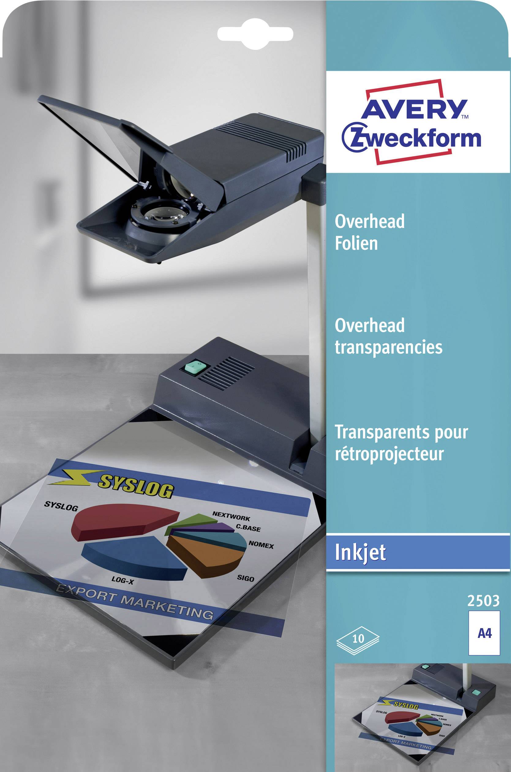 Un rétroprojecteur projette une diapositive avec un diagramme circulaire coloré et le texte 'Support Marketing'. Emballage d'Avery Zweckform.