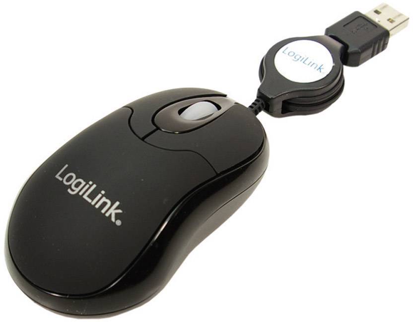 Souris noire LogiLink avec port USB et câble rétractable, adaptée au contrôle informatique et à la navigation.