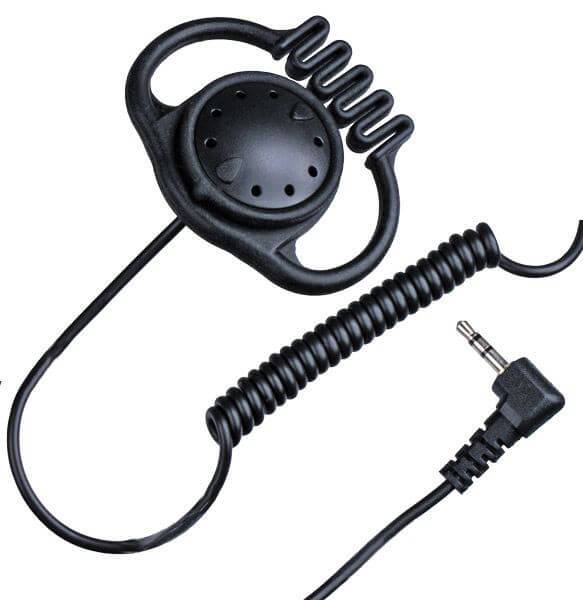 Écouteur noir avec tour d'oreille et câble spiralé, relié à une fiche jack de 3,5 mm.