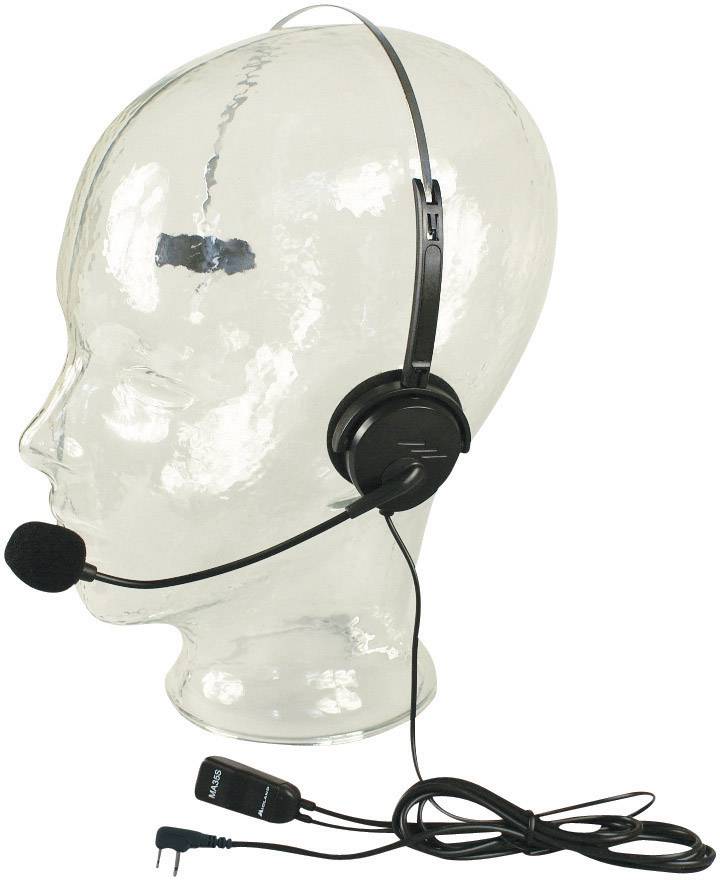 Un modèle en plastique transparent porte un casque noir avec un microphone. Le casque est connecté par câble.