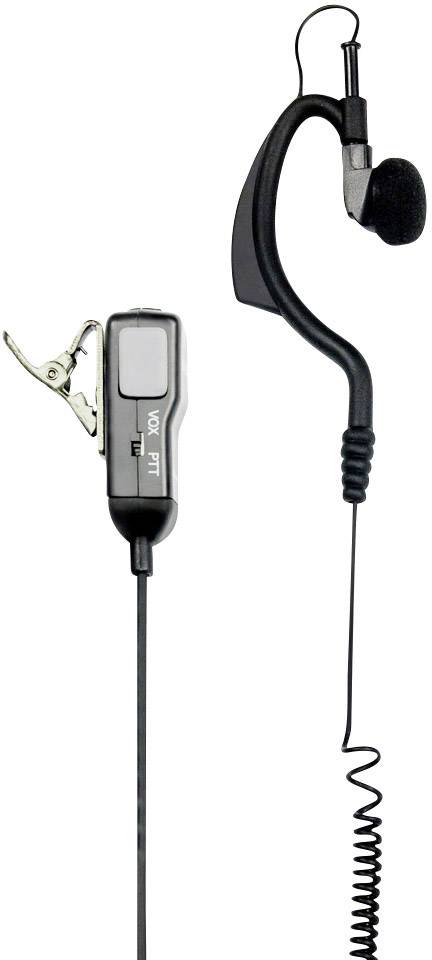 Un écouteur noir avec arceau et microphone, adapté aux radios portatives, est présenté. Un clip permet de le fixer aux vêtements.