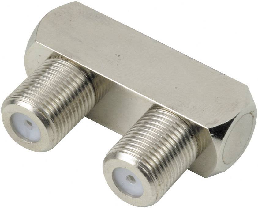 Connecteur coaxial double en métal, de forme rectangulaire, avec deux fiches permettant de raccorder des câbles coaxiaux dans des réseaux.