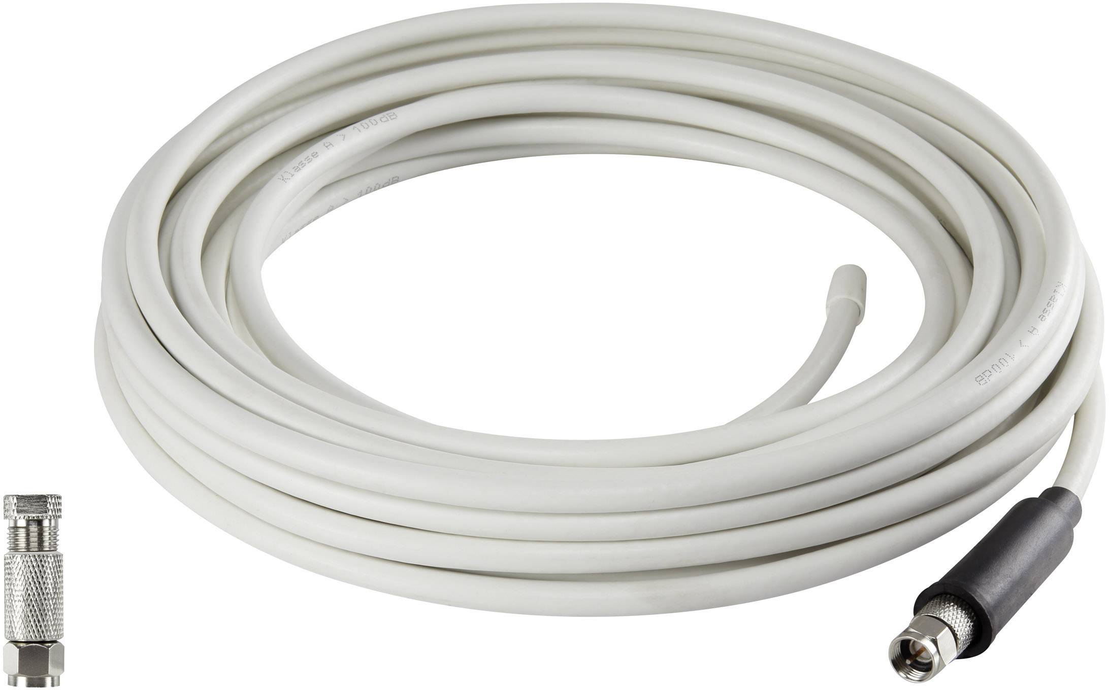 Un câble coaxial blanc avec des fiches aux deux extrémités, dont l'une est amovible. Idéal pour les connexions TV et satellite.