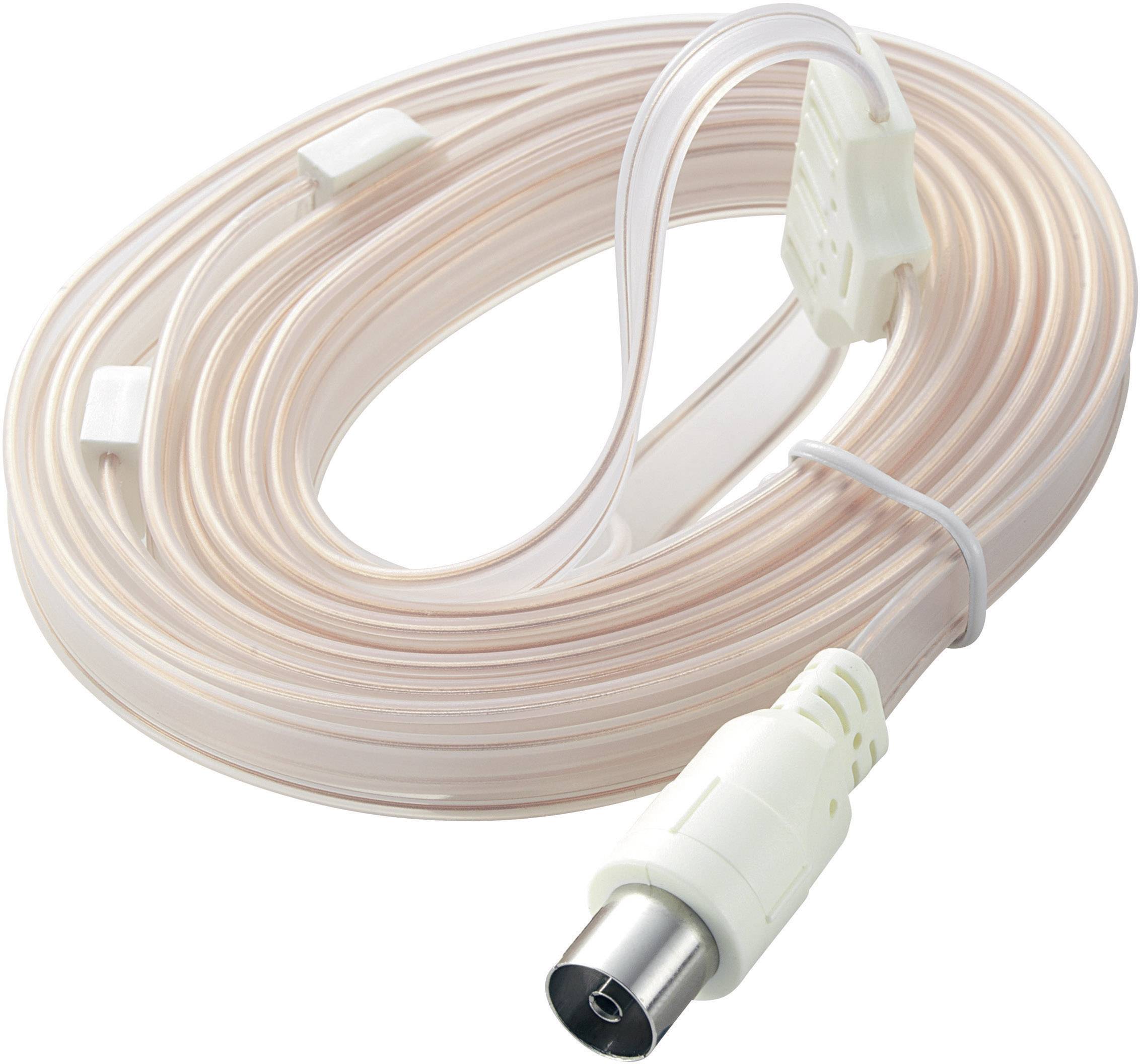 Câble coaxial transparent avec fiches blanches aux deux extrémités, enroulé et prêt à l'emploi, adapté aux connexions TV.
