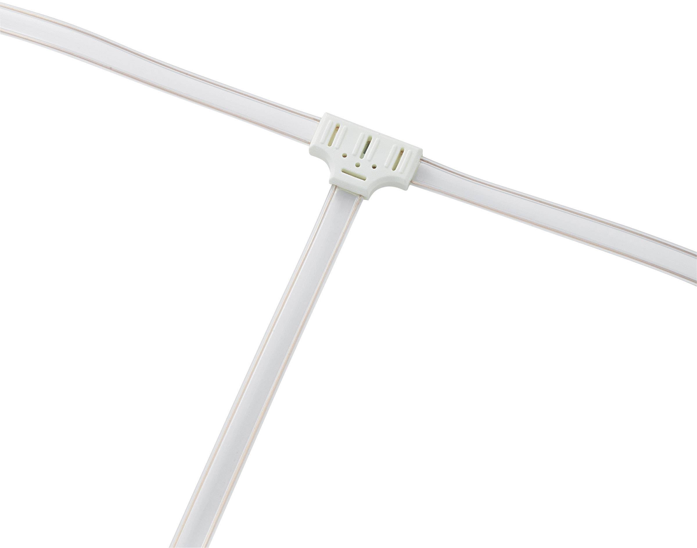 Un connecteur électrique en forme de T relie trois torons de câbles blancs plats. Idéal pour le câblage de bandes LED.