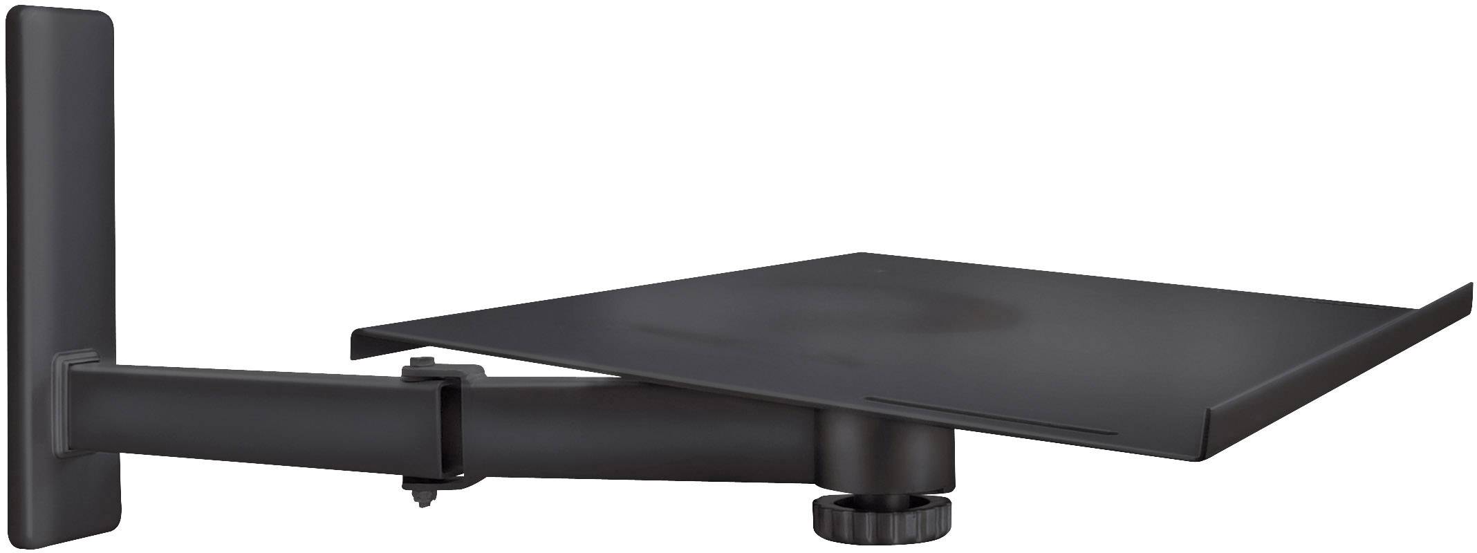 Un support mural noir et ajustable avec une plateforme plate, adapté pour supporter des appareils ou des écrans.