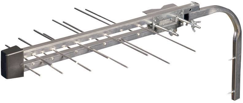 Antenne de télévision métallique à plusieurs barres pour l'amplification de la réception du signal, vue sur fond blanc.
