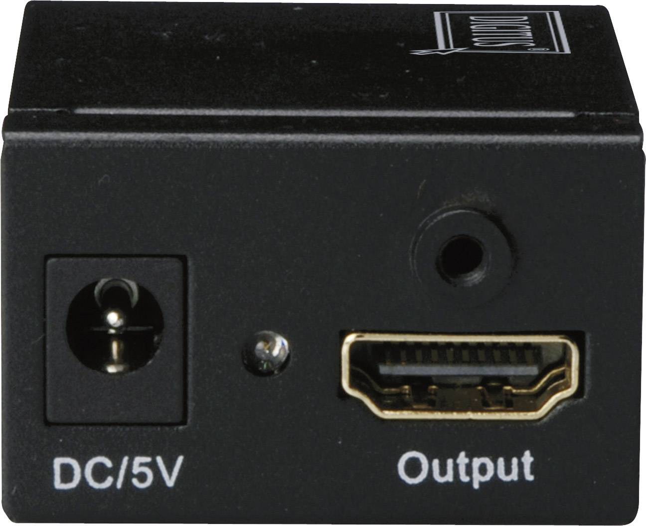 Un adaptateur noir avec trois connexions : DC/5V pour l'alimentation, un indicateur LED et une sortie HDMI portant l'étiquette 'Output'.
