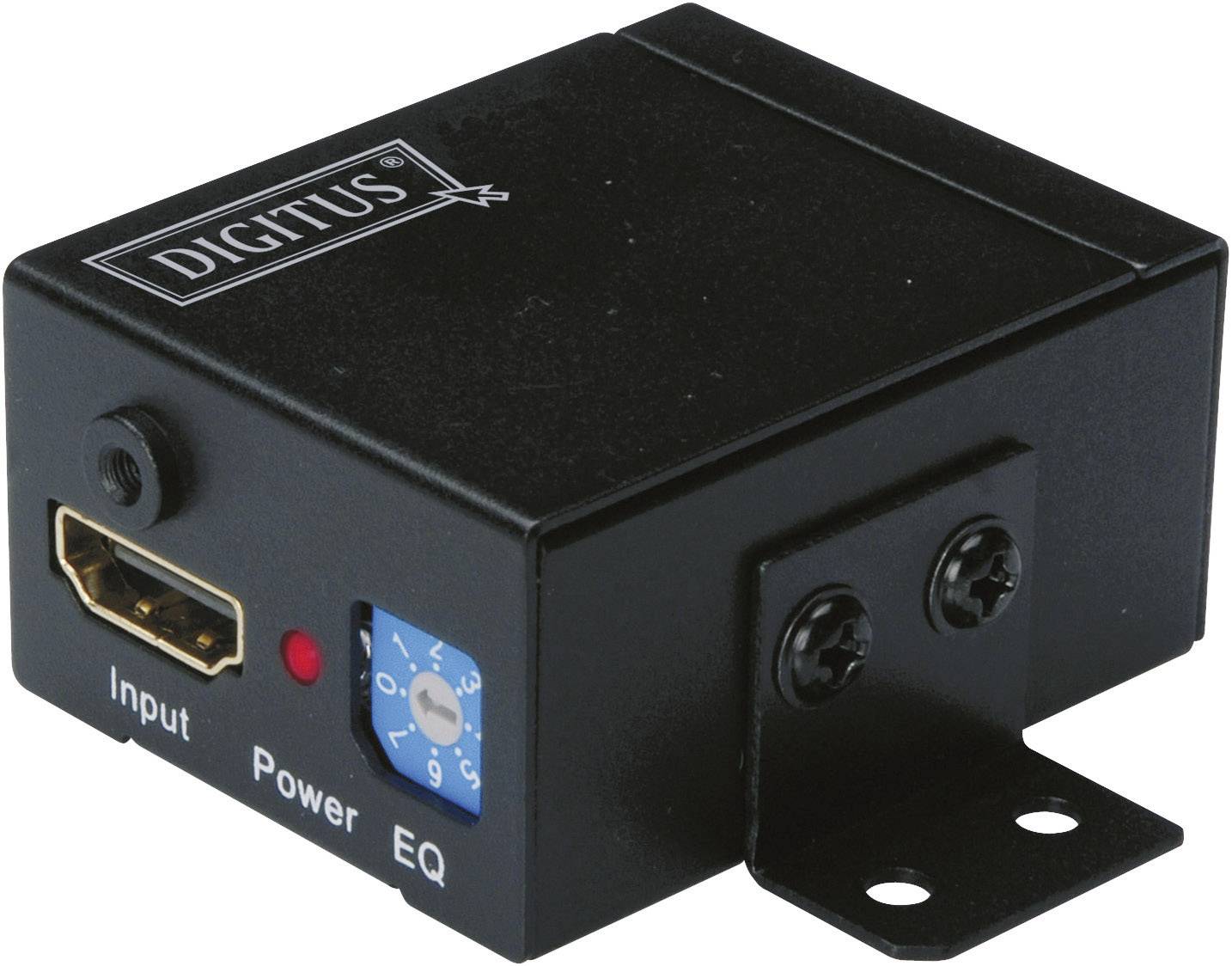 Amplificateur HDMI de marque 'Digitus' dans un boîtier noir avec entrée HDMI, indicateur LED de mise sous tension et potentiomètre d'égalisation. Adapté à l'amplification de signal.