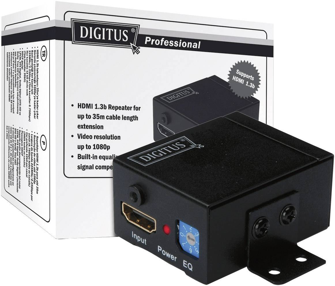 Répéteur HDMI 1.3b noir de DIGITUS avant emballage, adapté pour l'extension de signal jusqu'à 35m, prenant en charge 1080p, avec égaliseur.